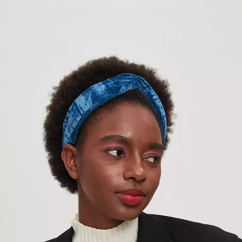Blue velvet padded headband for women, minimalist style, textured fabric accessory