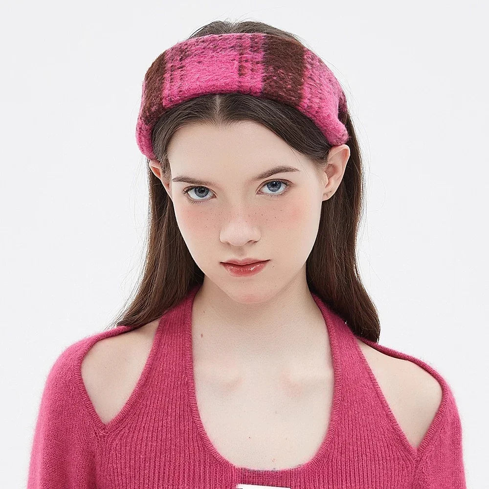 Women's pink and brown plaid woolen embellished headband