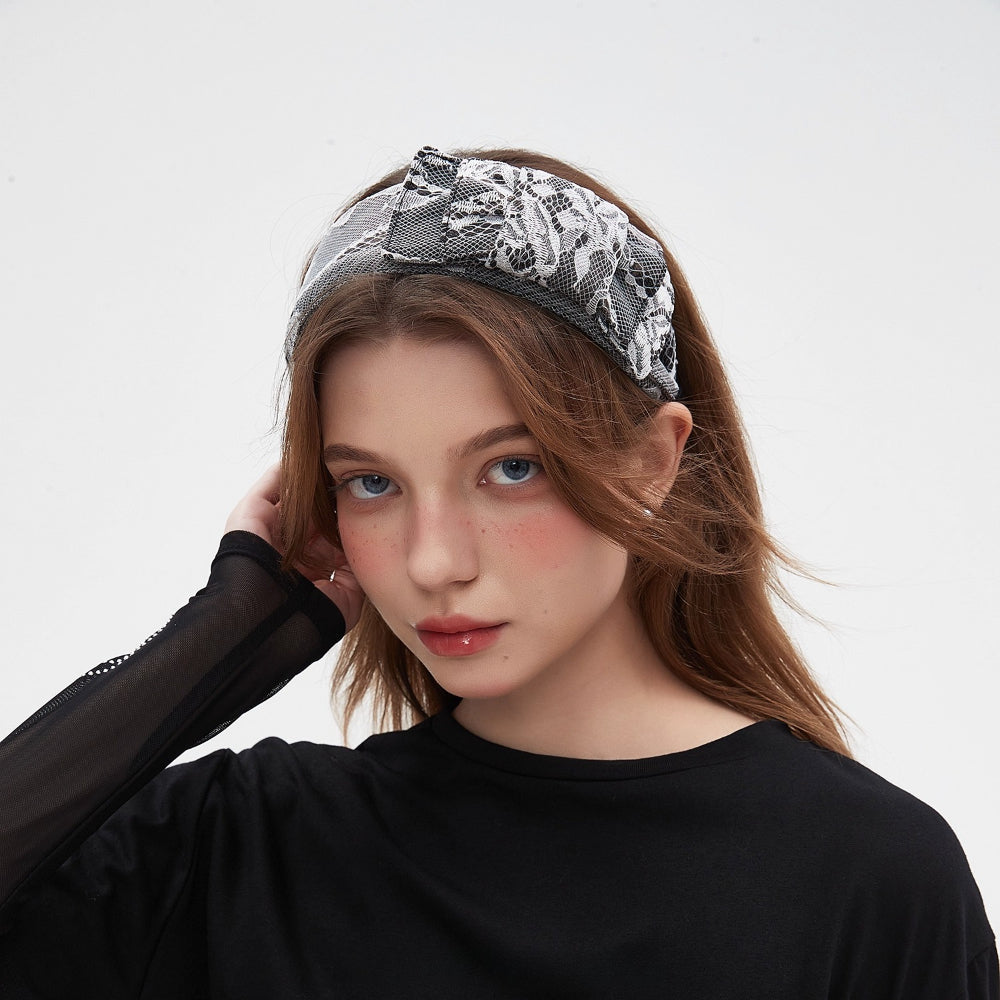 Black and white lace bow headband made of floral patterned sheer fabric, women's embellished headband