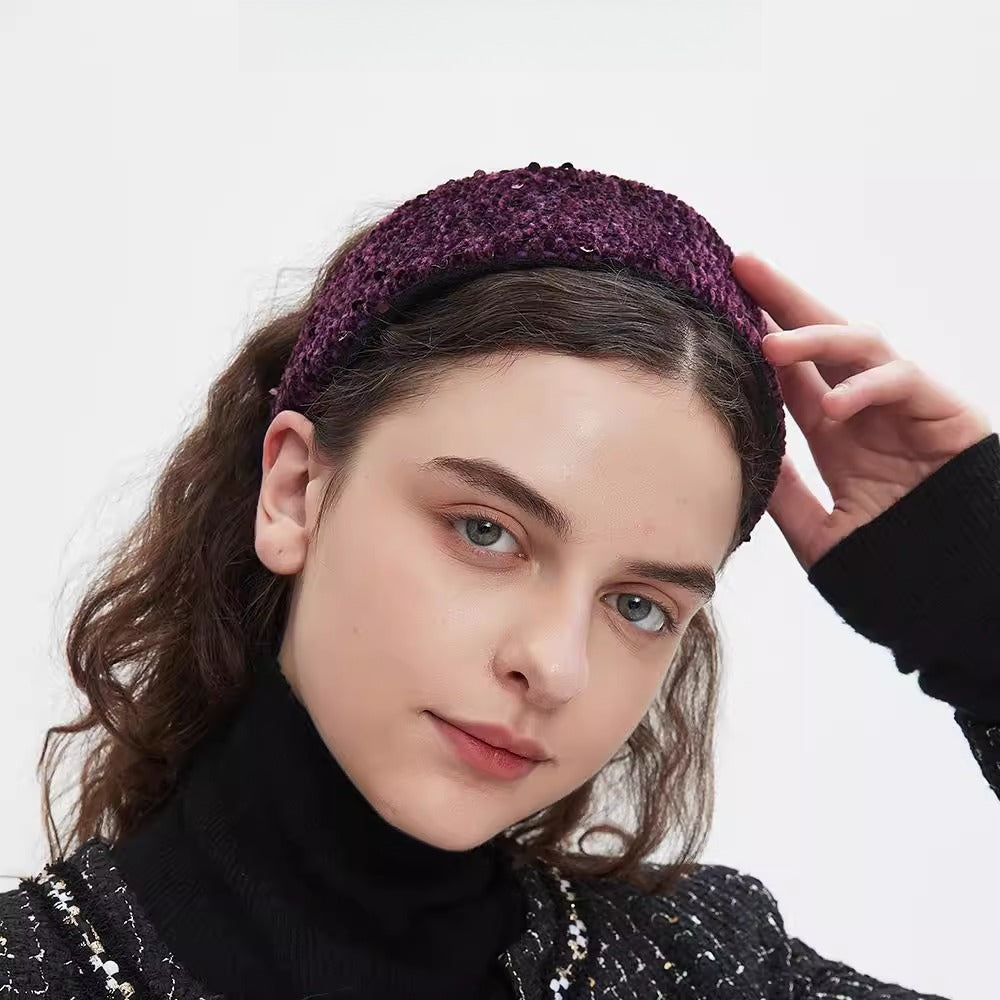 Women's purple knitted embellished headband with textured pattern