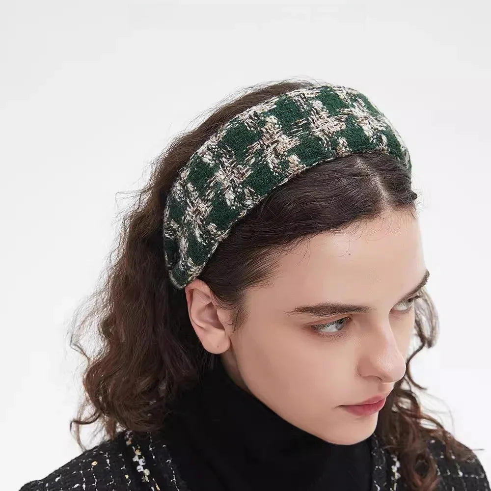 Women's green and beige tweed embellished headband with a thick textured design