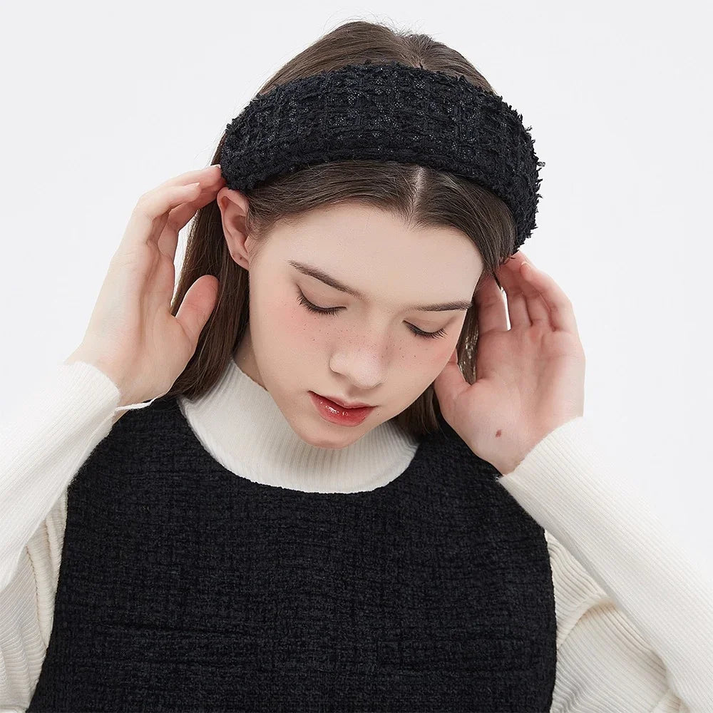 Black textured woven fabric headband, minimalist style women's fashion accessory