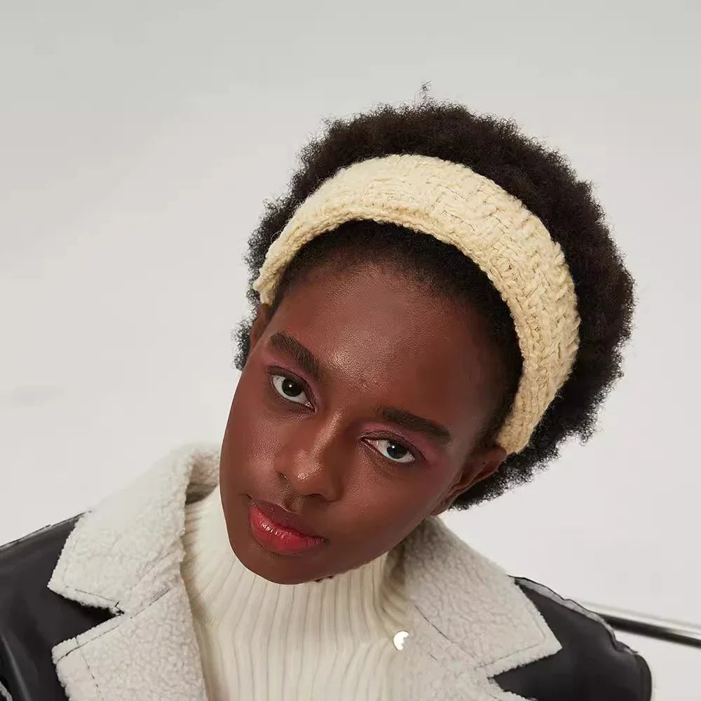 Beige knitted minimalist women's headband with textured weave pattern