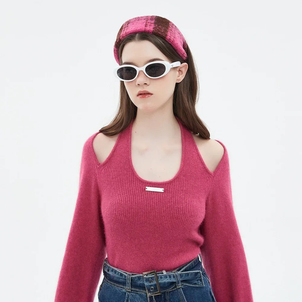 Pink and brown plaid wool blend bow headband, women's stylish accessory