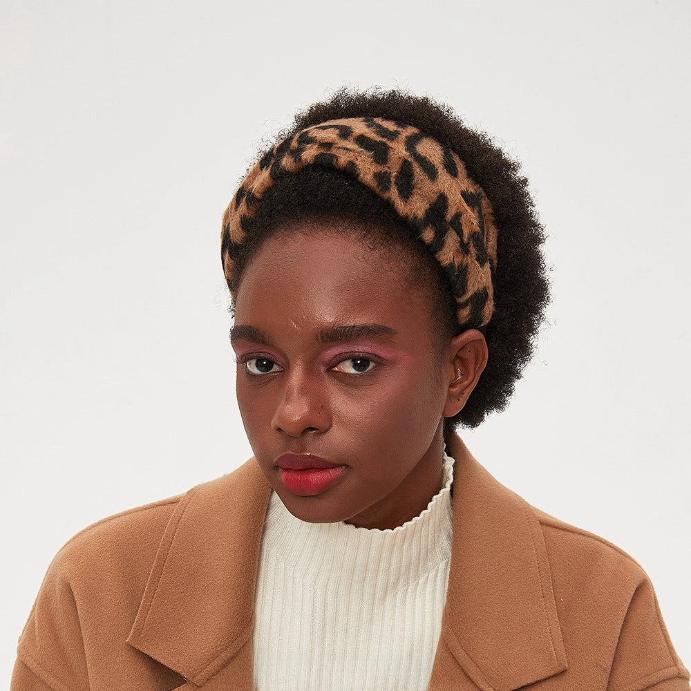 women's leopard print faux fur wide bow headband in brown and black