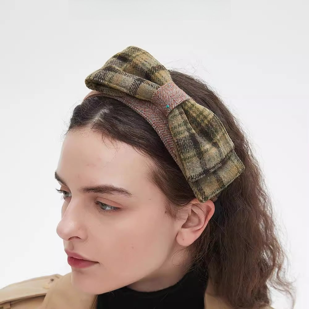 Women's brown and green plaid bow headband with soft fabric, embellished style