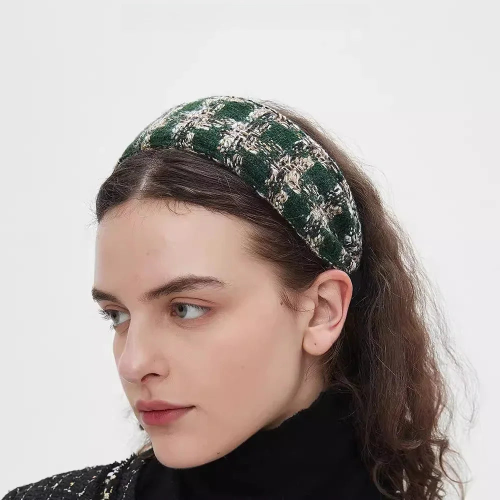 Green and beige tweed padded women's headband with a checkered pattern, minimalist style