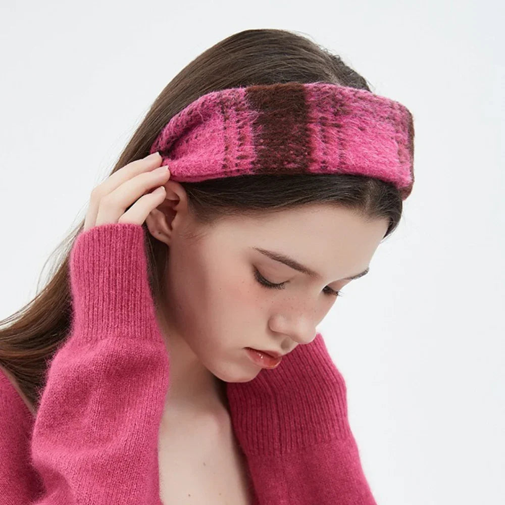 Pink and brown plaid knitted wool blend women's headband, minimalist style