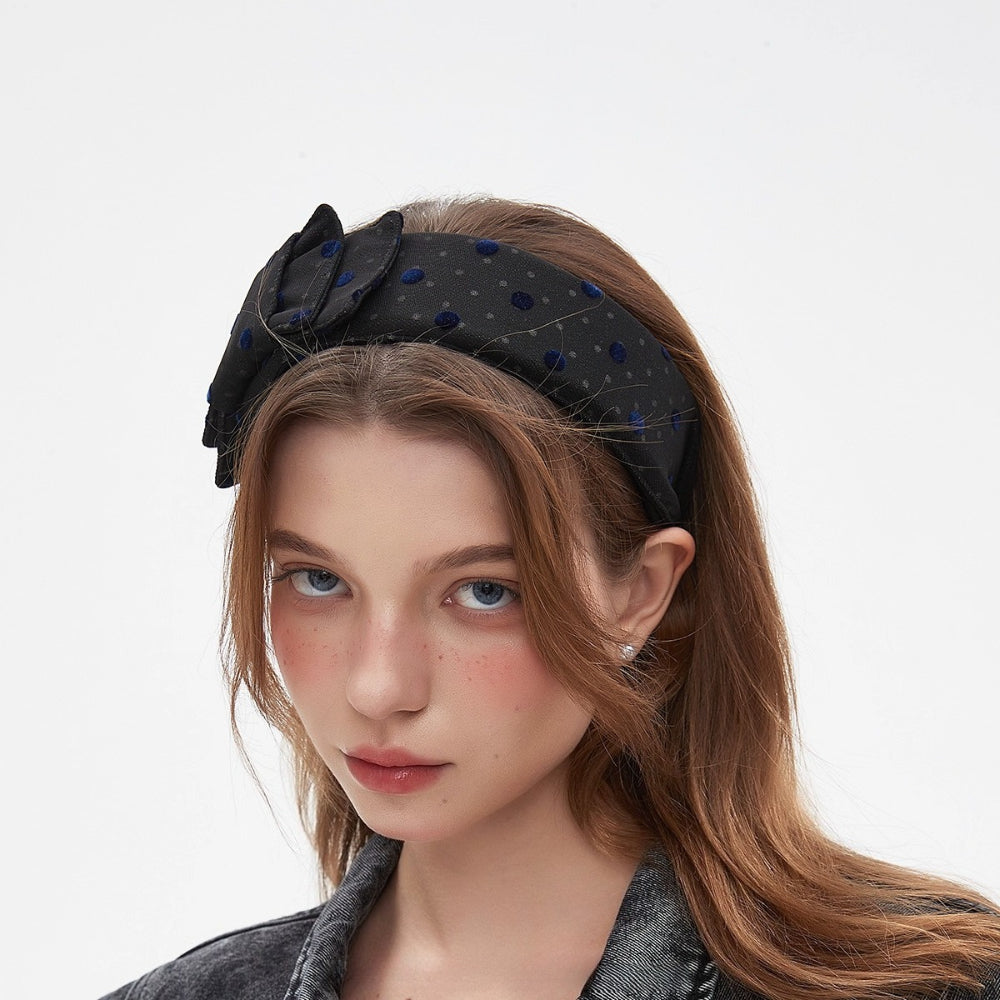 Black bow headband with blue velvet polka dots, embellished women's hair accessory