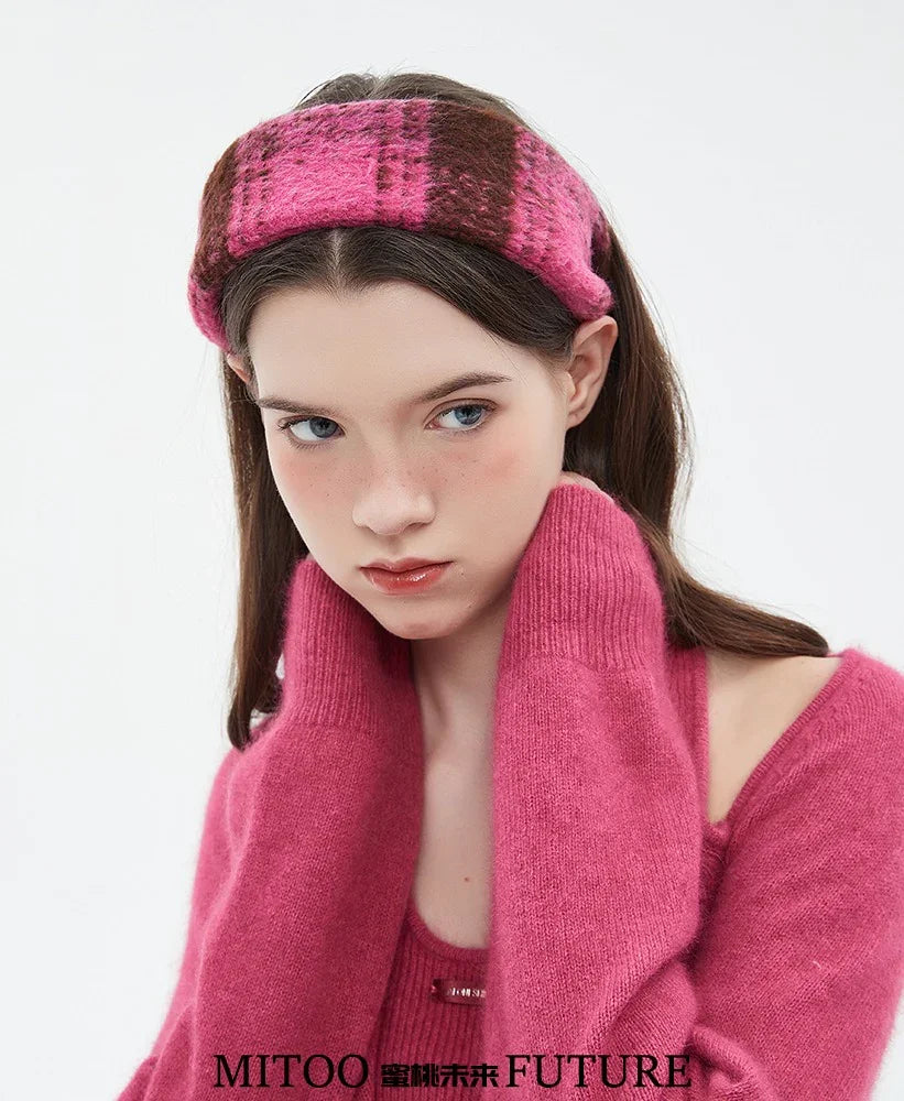 Pink and brown checkered wool knitted women's headband, minimalist style