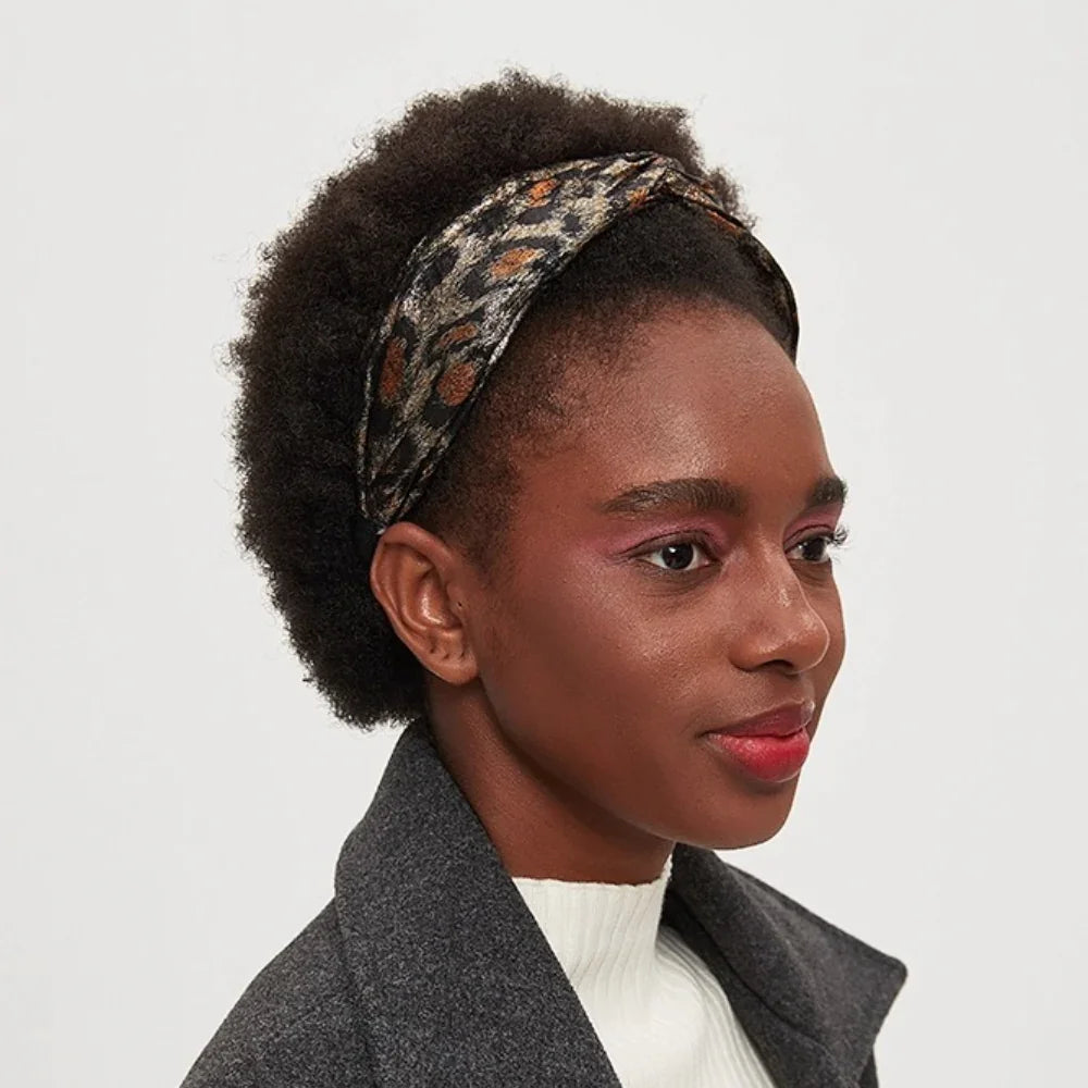 women's leopard print printed headband with neutral tones and subtle orange accents