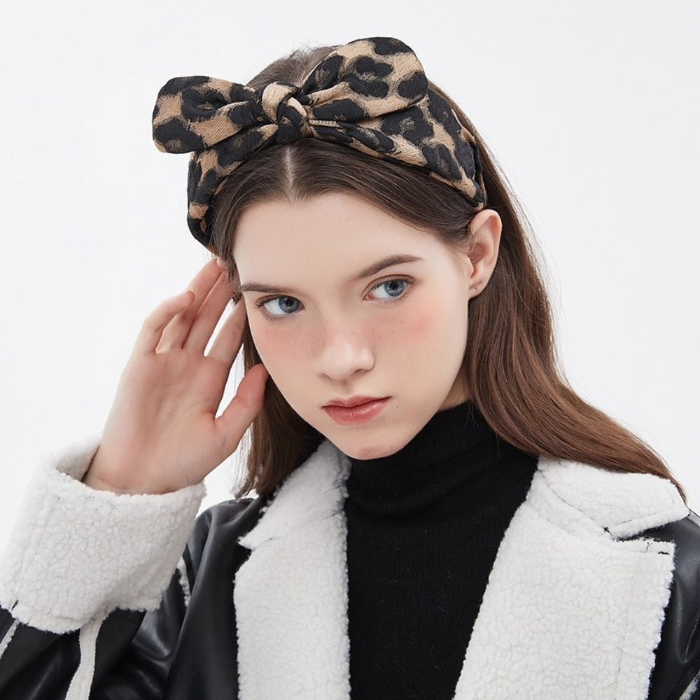 leopard print bow headband in black and tan, women's printed fabric accessory