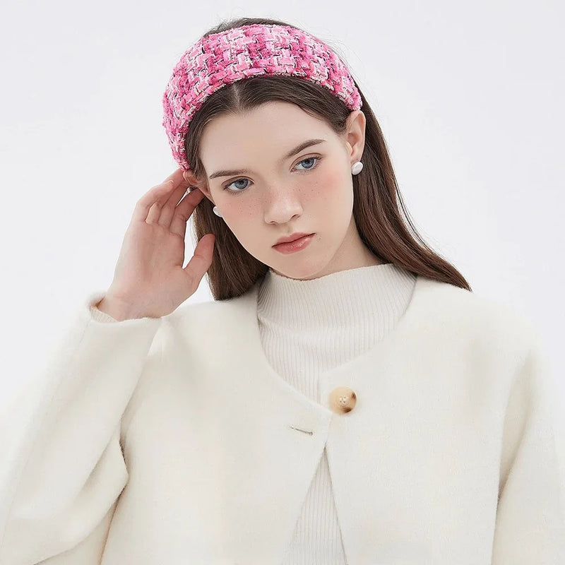 Pink tweed textured women's headband in embellished style