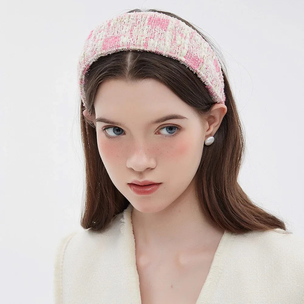 Pink and white tweed padded embellished women's headband with textured pattern