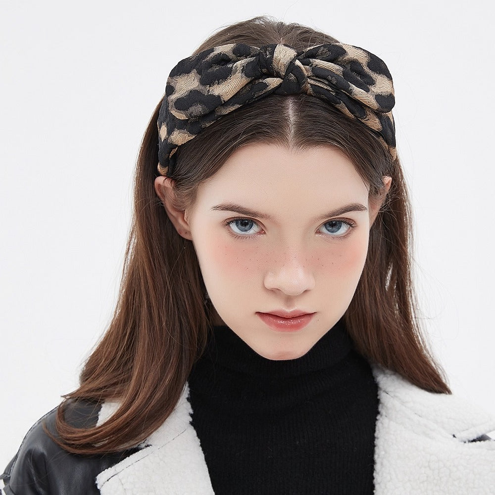 Leopard print bow headband in beige and black jacquard fabric, women's printed bow headband