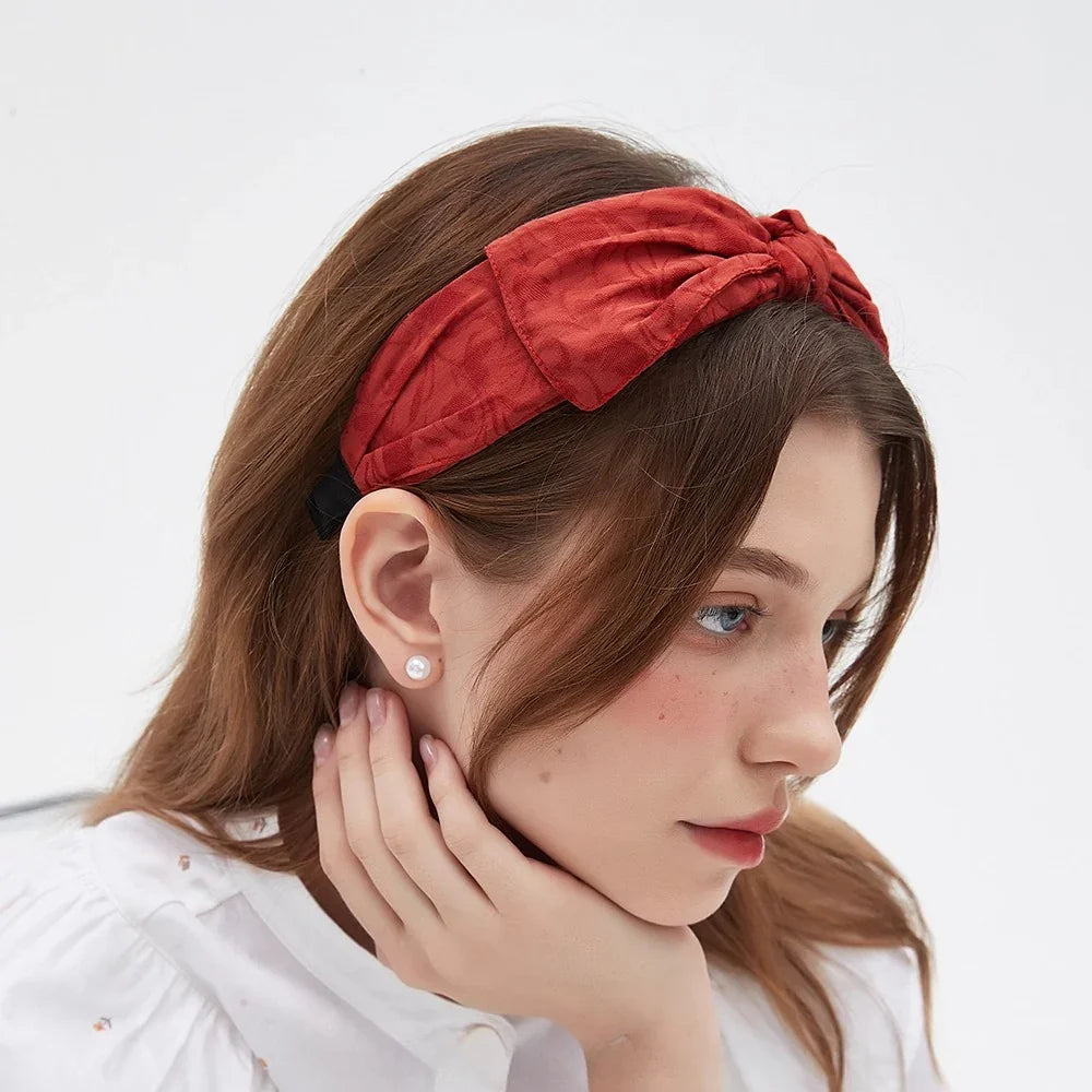 Red bow headband in textured fabric, women's embellished stylish hair accessory