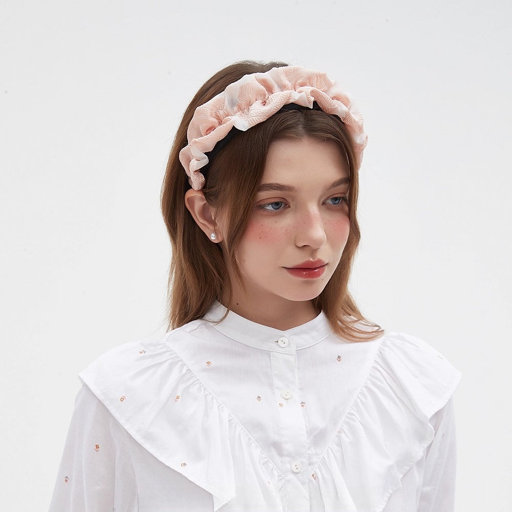 Pink ruffled bow headband in lightweight fabric, women's embellishment style