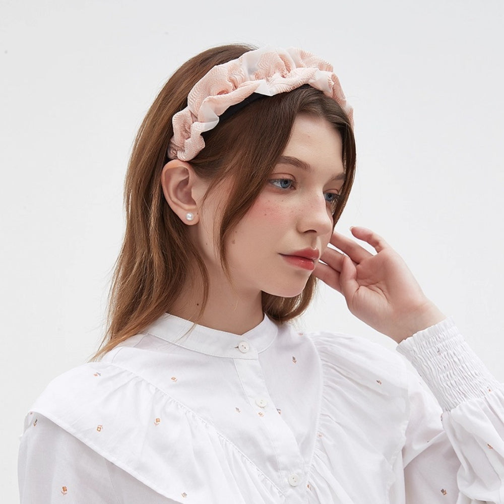 Women's pink and white ruffled fabric headband, minimalist style, soft material