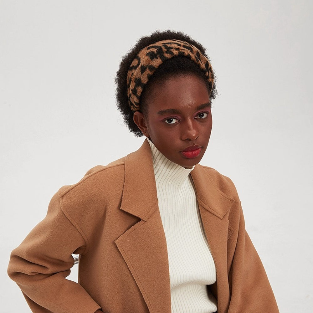 Women's leopard print plush fabric headband with a minimalist style